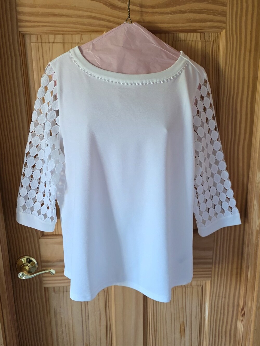 Fair Lady White Womens Top With Geometric Lace-Sleeve Size 14